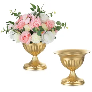 Sziqiqi Gold Metall Urne Vase: 22 cm Blumevase Topf für Hochzeit Tischdeko Satz of 2 - goldene Vintage Vase für Blumen Arrangement Einzigartige Urne Pflanzer für Party Empfang Abendessen Tabelle