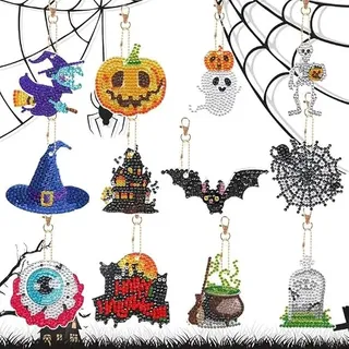 12 Stück Halloween Diamond Art Painting Schlüsselanhänger,Kürbis Geist Diamant Malerei Schlüsselanhänger,Strass Mosaik Diamant Malerei Schlüsselbund,Schädel Anhänger Schlüsselanhänger für Mädchen (A)