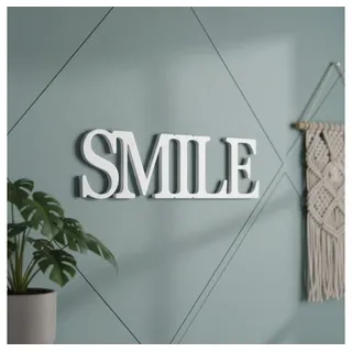 Melko Wanddekoobjekt Holzschrift Dekoschild SMILE Schriftzug Weiß Holz Aufhängen Wanddeko (Stück, 1 St), Inkl. Wandbefestigungsaufkelebern weiß