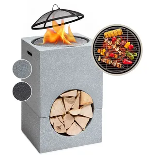 blumfeldt Monolith Feuerschale mit Grill MGO & Stahlschale inkl. Funkenschutz Hellgrauer Granit