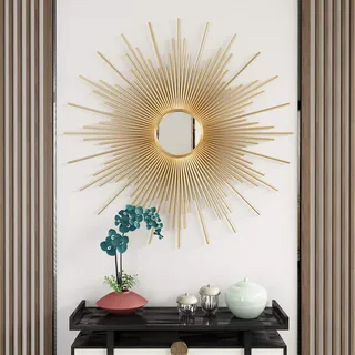 SYLUOQP Deko Spiegel Gold Sonne, 60cm/70cm/80cm Großer Runder Starburst Dekorativer Wandspiegel, Wandrahmenspiegel Wanddeko Wanddekoration Dekoration Sonne Strahlen Licht,80cm