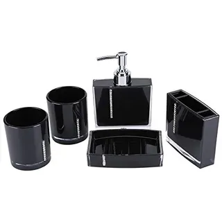 GOTOTOP 5-teiliges Modernes Badezimmer Accessoire Set, Acryl, Schwarz-Silber, Hochglanz-Finish mit Seifenspender, Seifenschale, Zahnputzbecher und Zahnbürstenhalter