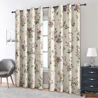 Generisch Blickdichte Vorhänge Creme Lila Bauernhaus Blume Muster, H 137 x B 117 2er Set - Land Grünblatt Blumen Fenster Gardinen mit Ösen, 137 cm Lang Curtains Wohnzimmer Schlafzimmer DekoWK&107