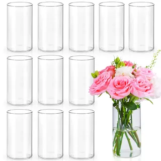 UPBUD 15,2 cm Glas-Zylindervasen für Tischdekoration | 12 Stück durchsichtige kleine Blumenvasen für Hochzeitsdekorationen, schwimmende Kerzenvasen im Großpack, Hurricane-Kerzenhalter für Tisch