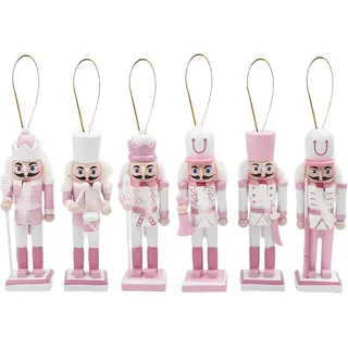 12 cm großer, roter Nussknacker-Soldat aus Holz – Set mit 6 Stück – Weihnachtsbaumdekoration, Miniatur-Nussknacker-Figuren zum Aufhängen - Rosa