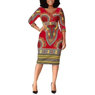 VERWIN Mid-Calf V-Ausschnitt Dreiviertel-Aermel Print Damen Bodycon Kleid Afrikanisches Midikleid Rot XXL - XXL