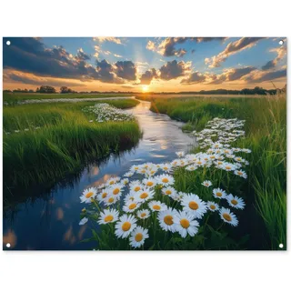 MuchoWow© Gartenposter Outdoor Bilder Gartendeko für draußen Wetterfest | 120x90 cm - Garten Deko Modern Geschenke Banner Draußen Bild Bach - Landschaft - Margerite