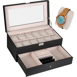 shelfmade Schmuckaufbewahrung - Uhrenbox 12 Uhren schwarz - Schmuckkästchen Watch Box - Schmuckkasten Damen & Herren Samt - Uhrenaufbewahrung mit Schloss (Beige)