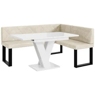 MEBLINI Eckbank für Esszimmer mit ausziehbarem Tisch - Küchenbank - Essecke - Sitzecke Küche - ERIC - U-Beine 128x168x87cm Rechts - Creme Samt/M Weiß Hochgl.