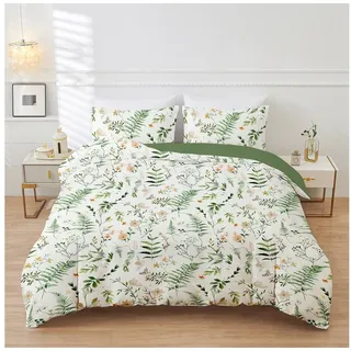 wohnTRAUM24 Bettwäsche Bettwäsche 135 x 200, 200 x 200 cm Blumen Blätter Pflanzenmuster, Mikrofaser, 2 teilig, Mikrofaser Bettbezug mit Reißverschluss, Bügelfrei und Weich grün