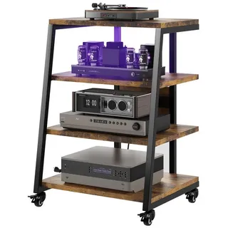 XERSEK TV-Regal HiFi Rack TV Rack mit Rädern und 2 RGB LED Lichter, 4 Etagen Plattenspielerständer aus Holz und Metall, mit Steckdosenleisten Verstellbaren Ablage, 60 x 52 x78 cm