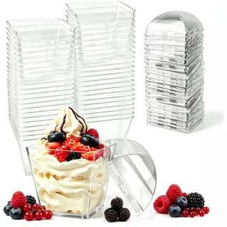 REFORUNG 50 Stück Dessertgläser Plastik Dessertbecher 120ml mit 50 Deckeln Wiederverwendbar Dessertschalen klar Desserttassen Trapezoid Quadratischer Dessert Becher für Pudding Mousse Eis Party