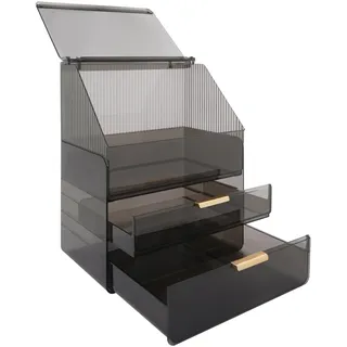 QIERF Makeup Organizer mit 2 Schubladen Kosmetik-Organizer Hautpflege Kosmetik Aufbewahrung mit Deckel, 3 Etagen Großes Fassungsvermögen Staubdicht für Schminktisch Schlafzimmer Badezimmer (Schwarz)