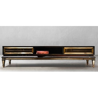 Casa Padrino Luxus Art Deco TV Schrank Schwarz / Gold / Messing 204 x 46 x H. 52,5 cm - Wohnzimmer Sideboard mit 2 Schubladen - Art Deco Möbel - Wohnzimmer Möbel - Luxus Möbel