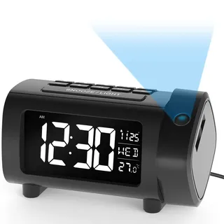 LIORQUE Projektionswecker Radiowecker Digital Wecker mit Projektion 180°, Radio, Snooze, Wochenendmodus, USB, Ladefuntion, Temperatur, 2-Farb-Ziffern und 4-Stufe-Heilligkeit, Schwarz