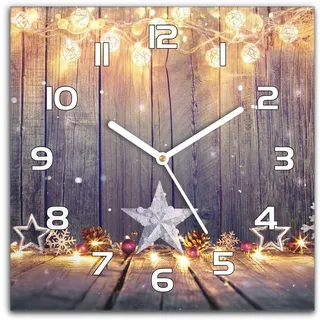 Coloray Weihnachten Wanduhr 30x30 cm Quadrat Wandkunst Bild Glas Uhr Gehärtetem Glas Echtglas Küche Wohnzimmer - Weiße Uhrzeiger - Weihnachts Sterne Lichter Schneeflocken
