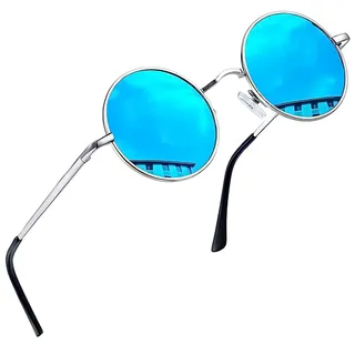 Joopin Retro Runde Sonnenbrille Herren Verspiegelte Blau Hippie Damen Sonnenbrille Rund Polarisiert Klassische Sunglasses UV400 (Blau Verspiegelt) - Einheitsgröße