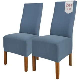 Scheffler Home Stuhlhussen Emma Blau 2er Set aus Jersey Baumwolle – Elastische Stuhlbezüge für Hochlehner und Polsterstühle, waschbar und formstabil, Oeko-TEX Zertifiziert