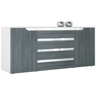 Vladon Sideboard Sylt (Kommode, mit 2 Türen und 4 Schubladen), Weiß matt/Avola-Anthrazit/Weiß Hochglanz (166 x 72 x 35) grau|weiß