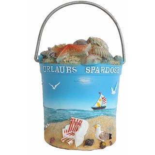 •Spardose – Strandeimer „Urlaubs-Spardose“ - Sparbüchse Urlaub Reisekasse Sparschwein Geldgeschenk aus Kunststein H.: 11cm