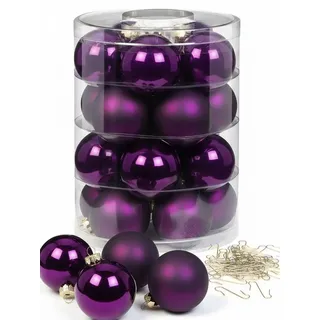 INGE-GLAS Inge Glas Weihnachtskugeln mit Haken | Schöne Christbaumkugeln aus Glas | Set 20 Kugeln und 40 Aufhänger | Christbaumschmuck Weihnachtsbaumkugeln (Purple Symphony)