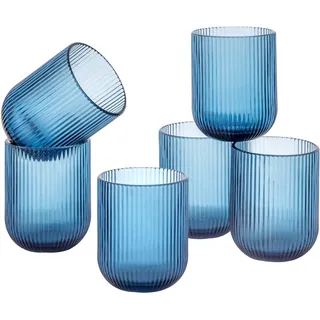 Baroni Home Set 6 Gläser aus Gefärbtem und Dekoriertem Glas mit Erhabenen Streifen 30 CL, Elegante Spülmaschinenfeste Gläser, 8x8x10 cm, Blau