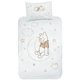 MTOnlinehandel Babybettwäsche Winnie Pooh 100x135 + 40x60 cm, 100 % Baumwolle Biber, Flanell, 2 teilig, Disney's Winnie Pooh, Mond & Sterne für Kinder, Mädchen und Jungen weiß