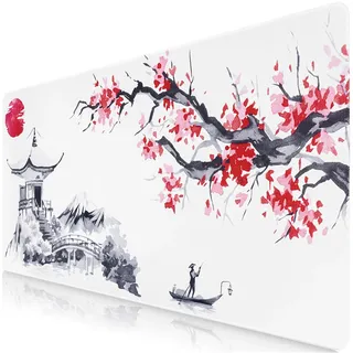 Sevenpers Mousepad Sakura-Muster,XXL Japanische Kunst Fuji Mauspad,Überdimensionales rutschfeste Gummimatten Gaming-Mauspad für Tisch,Desktop-Computer,PC (900x400mm,Weiß)