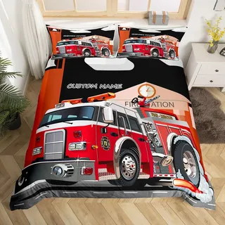 Homewish Feuerwehrauto Bettbezug 135x200 Kinder, Personalisierter Cartoon Feuerwehrfahrzeug Bettwäsche für Jungen Jugendliche, Rotes Großen Rädern Auto Schlafzimmer Dekor Mit 1 Kissenbezug 80x80