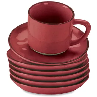 LOBERON Tasse mit Untertasse 6er Set Biarré, rot | Reizvoll uneben designt, Ursprünglicher, natürlicher Charakter, Glasiertes Steinzeug mit dekorativem Rand