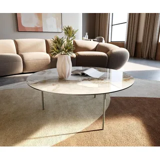 DELIFE Couchtisch Edge Rund 90x90 cm Keramik Minas Melange Trive Metall Effektfinish Titan - Weiß/Beige
