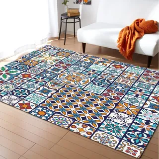 Chickwin Teppich Wohnzimmer Outdoor, Weiche Antirutschunterlage Kurzflor Geometrie Böhmen Teppiche für Schlafzimmer Kinderzimmer Küche Terrasse Schlafzimmer (60x90cm,Blau)