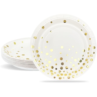 ZVK Pappteller, Goldfolie Partyteller ​18cm Partygeschirr Teller Set, Weiß mit Golddruck Gepunktete 24 Stück Papier Dessrteller zum Brautparty, Jubiläums, Valentinstag, Babyparty