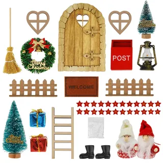 Goffii Wichteltür Zubehör Weihnachten, Weihnachtswichtel Tür Set, Wichteltür Nissedor mit Zubehör, Miniatur Weihnachten Feentür Set mit Briefkästen, Laterne, Zäun, Leiter, Stiefel, Kranz (21Pcs)