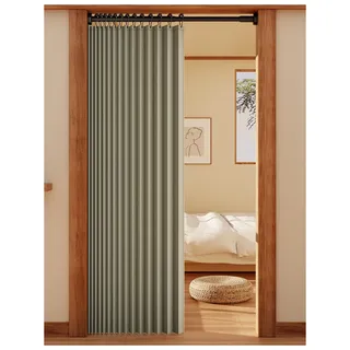 APMOE Türvorhang mit Teleskopstange, Ohne Bohren Türvorhang Kälteschutz, Raumteiler Vorhang Schallschutz Falttüren Innentüren(Grün,Rod 100-120cm/curtain 120x200cm)