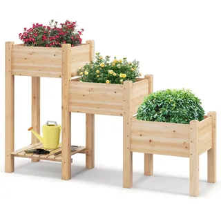 GOPLUS Hochbeet 3 Etagen, Gartenbeet mit Ablage & 6 Abflusslöchern, Kräuterbeet Pflanzbeet für Balkon, Garten & Terrasse, 161 x 43 x 104 cm, Natur
