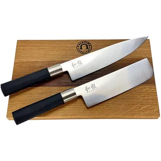 Kai Wasabi Black Messerset/Geschenkset | ultrascharfes japanisches Nakiri + großes Kochmesser 20 cm | + handgeferigtes Fassholzbrett 25x15 cm | VK: 142,90 €
