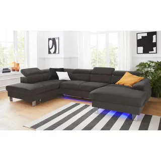 Wohnlandschaft COTTA "Komaris U-Form, B: 320 cm", braun, Sofas, Kinder, B/H/T: 320cm, Leder PAMPAS, Ottomane links, ohne Bettfunktion,ohne Bettkasten,mit RGB-LED-Beleuchtung,mit Kopfteilverstellung, Microfaser PRIMABELLE (100% Polyester);Kunstleder SOFTLUX;Feinstruktur (100% Polyester);Kunstleder SOFTLUX/Struktur (100% Polyester);NaturLEDER, Wohnlandschaft, mit Kopfteilverstellung, optional Schlaffunktion, Bettkasten & Licht, B:320cm