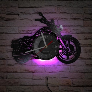 Smotly Vinyl-Wanduhr, Motorrad-Form, Wanduhr mit LED-Nachtlicht-Funktion, Wanduhr, Geschenk für Autoliebhaber, Heimdekoration (sieben Farben)