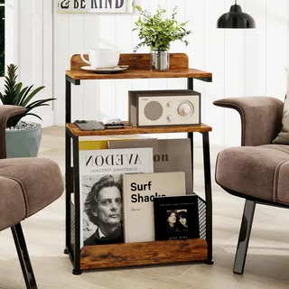 PUNCIA 3-Ebenen Beistelltisch schmaler Couchtisch Kaffeetisch 40 x 18 cm | Kleiner Sofatisch aus Holz & Metall mit Stauraum 45 kg belastbar für Zeitschrift Bücher Wohnzimmer Schlafzimmer Retro