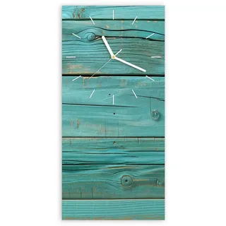 Primedeco Wanduhr Glasuhr Wandkunst Größe 30 x 60 cm mit Motiv Holzplanken Türkis