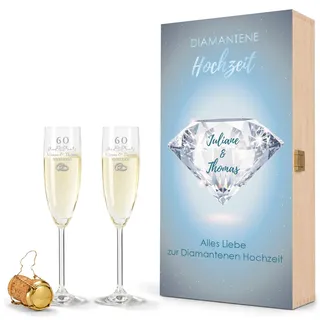 GRAVURZEILE Leonardo Sektgläser mit Gravur - Diamantene Hochzeit Design - Personalisiert mit Namen & Datum inkl. Holzkiste - Geschenk zur Hochzeit Verlobung Jahrestag - Farbe: Sekt