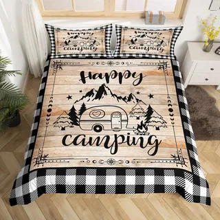 Homewish Happy Camping 155x220 Western Lodge Cabin Bed Set,Schwarz Weiß Buffalo Plaid Bettwäsche Camper Theme Bedspread Cover Teens Adults Rustic Farmhouse Travel Trailers Decor