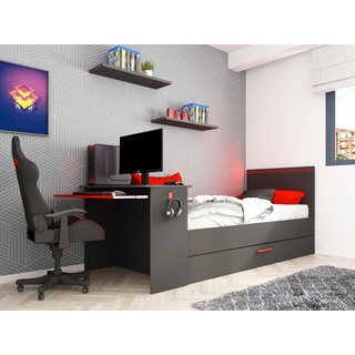 Ausziehbett Gamer mit Schreibtisch & LEDs - 90 x 200 und 90 x 190 cm + Lattenrost + Matratze - Anthrazit & Rot - VOUANI