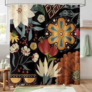 Hopomoon Boho Duschvorhang 180x180 cm Schwarzer Hintergrund mit Vintage Blumen-Print Wasserabweisender Dunkle, Exotische Duschgardine im Hippie-Stil