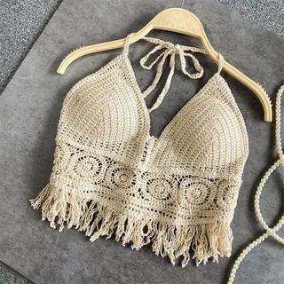 Damen-Boho-Häkel-Strickweste, Sommer, Strand, Neckholder-Tanktop, Top mit hohlen Quasten-Detail, ärmellos, lässig, Urlaub, Tops, einfarbig, leichte Bluse, 2: Sommer (durchschnittliche Größe Aprikose)