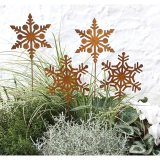 LB H&F Lilienburg Dekofigur 4er SET SCHNEEFLOCKE Rostdeko Gartenstecker Dekofigur Gartenfigur Rost (rostig rostoptik Gartenstatue Blumentopf Blumenkasten Blumenbeet Beetstecker Schneeflocken Edelrost Terrasse Balkon Metallstecker Roststecker Dekostecker Dekofigur Geschenk Mitbringsel Gartenparty Silvester Neujahr Weihnachten Weihnachtsdeko außen draußen Gastgeschenk Metalldeko Topfstecker, Metallfigur Eingang Fenster Fensterbrett Herbstdeko Metall Deko Garten Geschenk), vintage idee günstig draußen braun