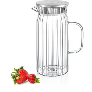 Wilmax | Glaskaraffe mit Deckel aus Edelstahl | 1000ml | Wasserkaraffe aus geriffeltem Glas | Wasserkrug für Saft, Wasser, Eistee, Milch | Glaskaraffe | Wasserkanne | Spülmaschinenfest
