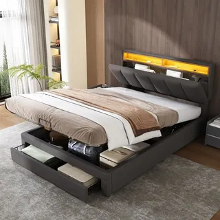 Flieks Polsterbett 140x200cm mit Schublade, Boxspringbett mit Stauraum und Lattenrost, Doppelbett mit Led und Stauraumkopfteil, Stauraumbett Jugend... - Grau