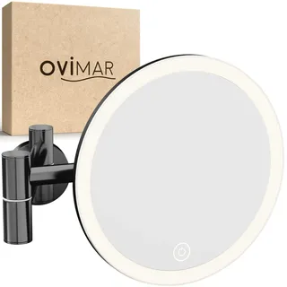 ovimar Kosmetikspiegel Ringstind Gunmetal | mit Beleuchtung | wiederaufladbar | Wandmontage zum Bohren | im Badezimmer |5fach Vergrößerungsspiegel | Schminkspiegel mit Licht | 360 Grad Spiegel